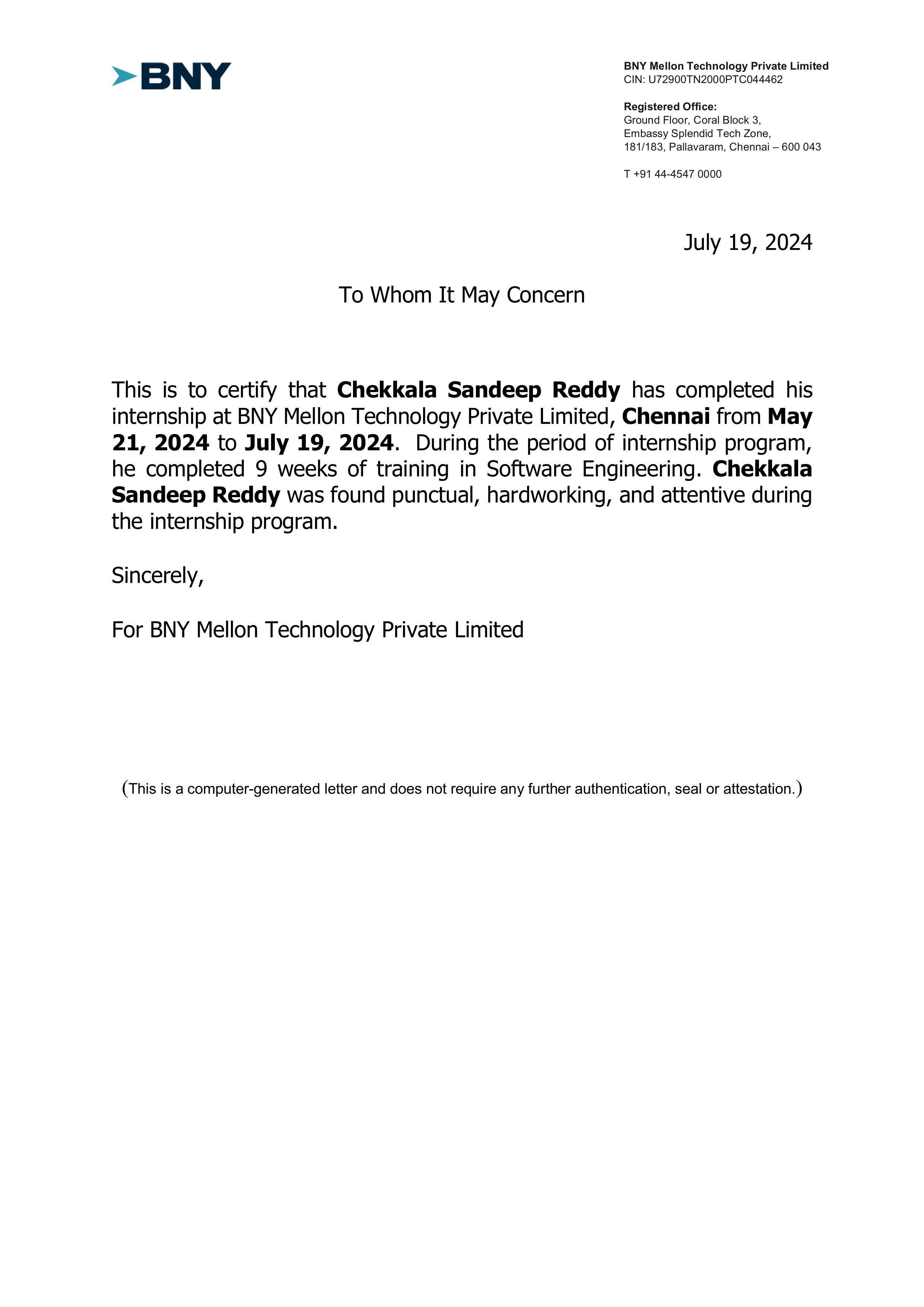 BNY SWE Internship Completion Certificate